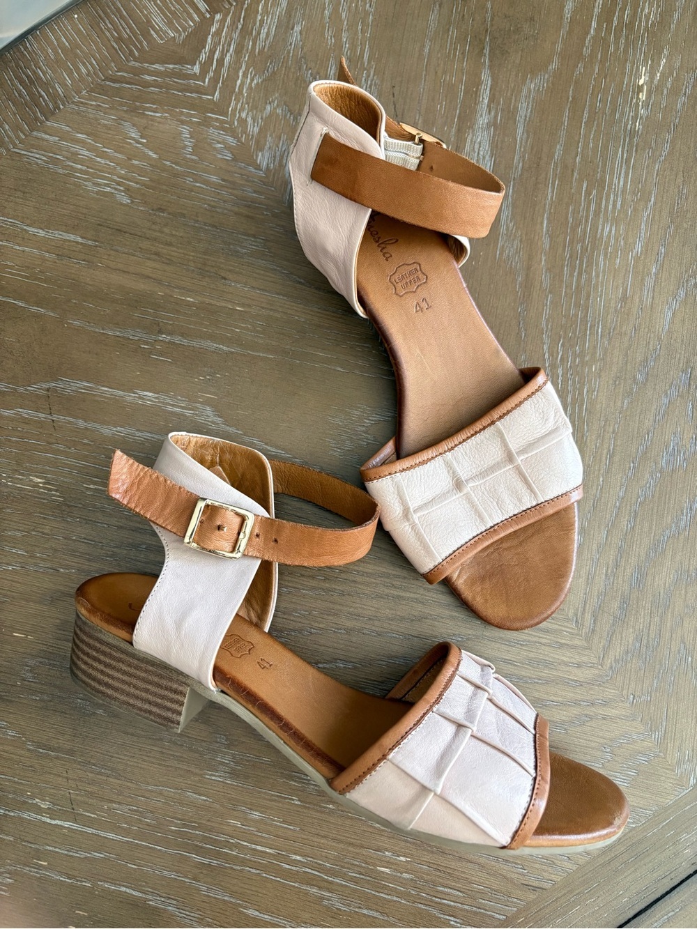 Two-Tone Cream & Tan Ankle Strap Sandals